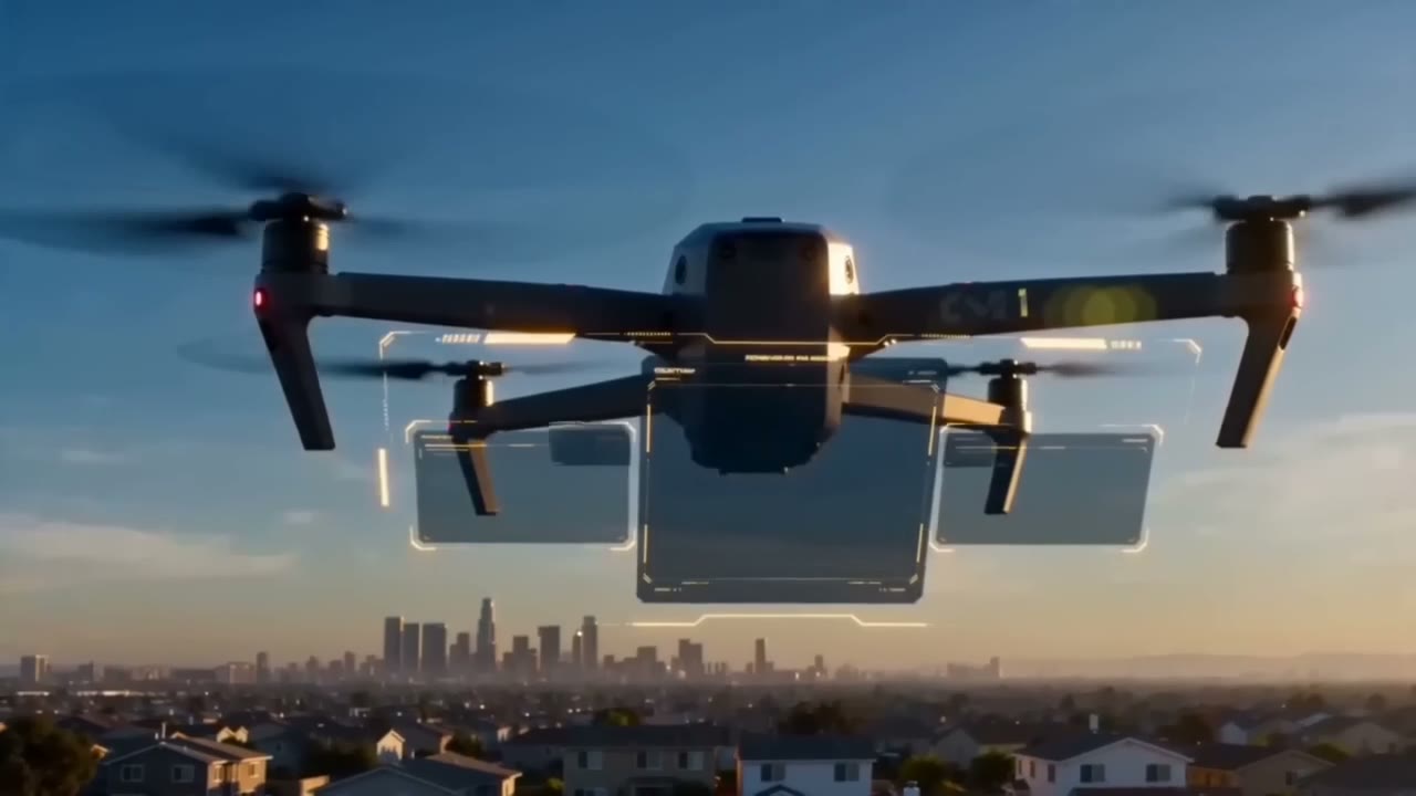 MW AIRLIFT drone in flight above a neighborhood at sunset, city skyline behind